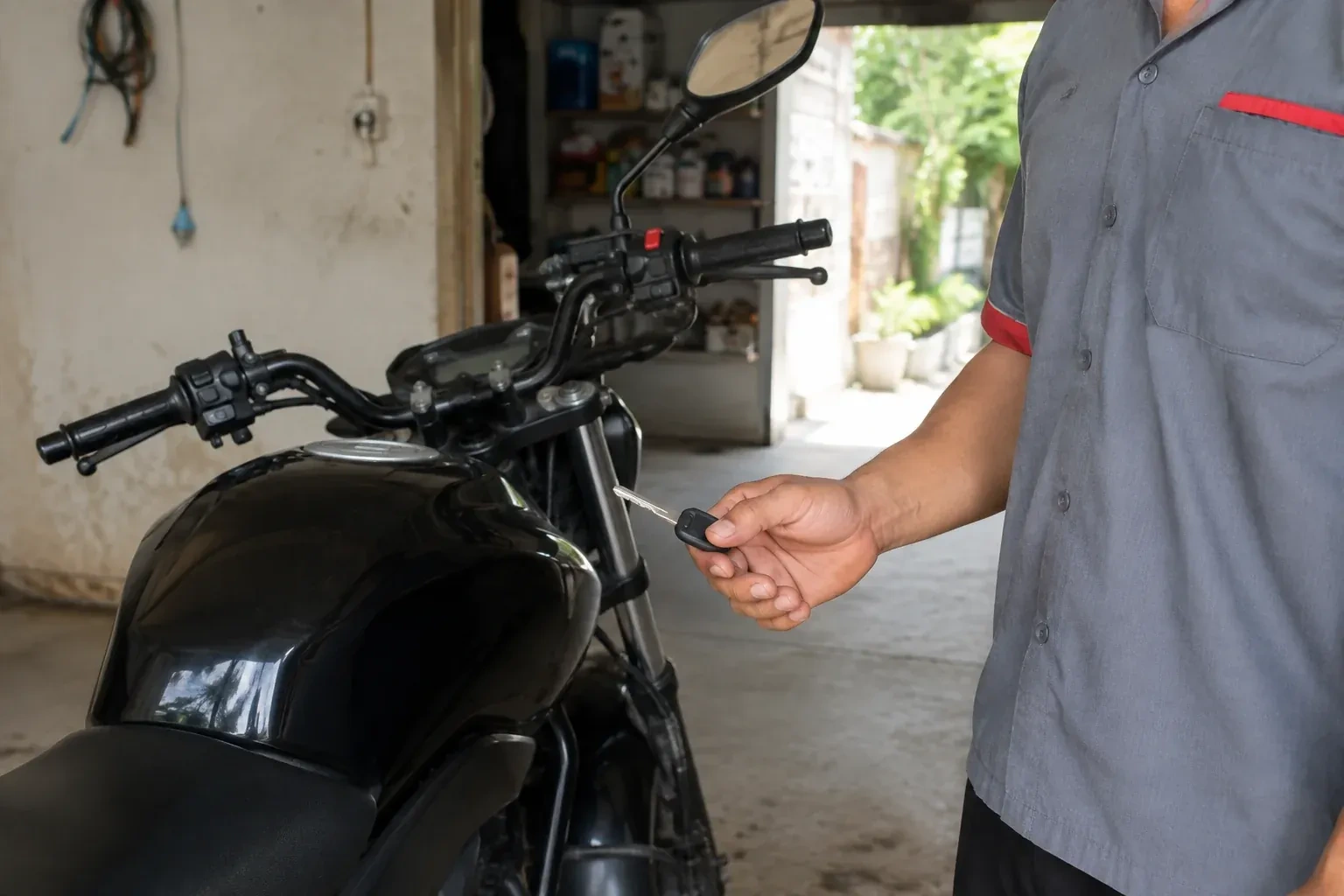 Technician holding a black-headed key beside a parked motorcycle. — Motorcycle & Scooter Keys, Wilmot