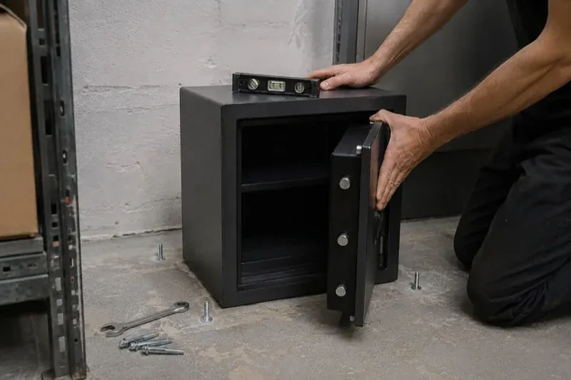 Person kneeling beside an open black safe with a spirit level on top and loose bolts and a wrench on the concrete floor. — Safe Installation & Servicing, Wilmot