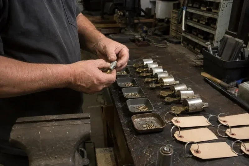 Person handling a lock cylinder at a workbench lined with cylinders, keys, small pin trays and blank key tags. — Commercial Rekeying, Wilmot