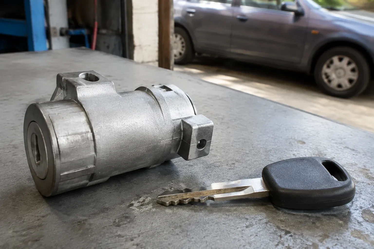 Detached cylindrical lock housing and black-headed key on an automotive workbench. — Ignition Lock Repair, Wilmot