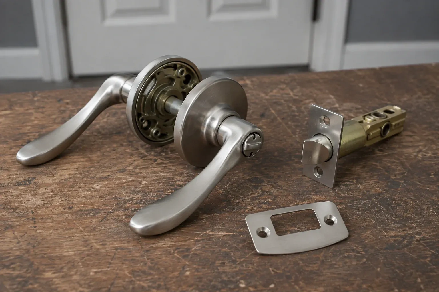 Detached satin-nickel lever hardware, tubular latch and strike plate on a wooden workbench. — Lock Replacement & Upgrade, Wilmot