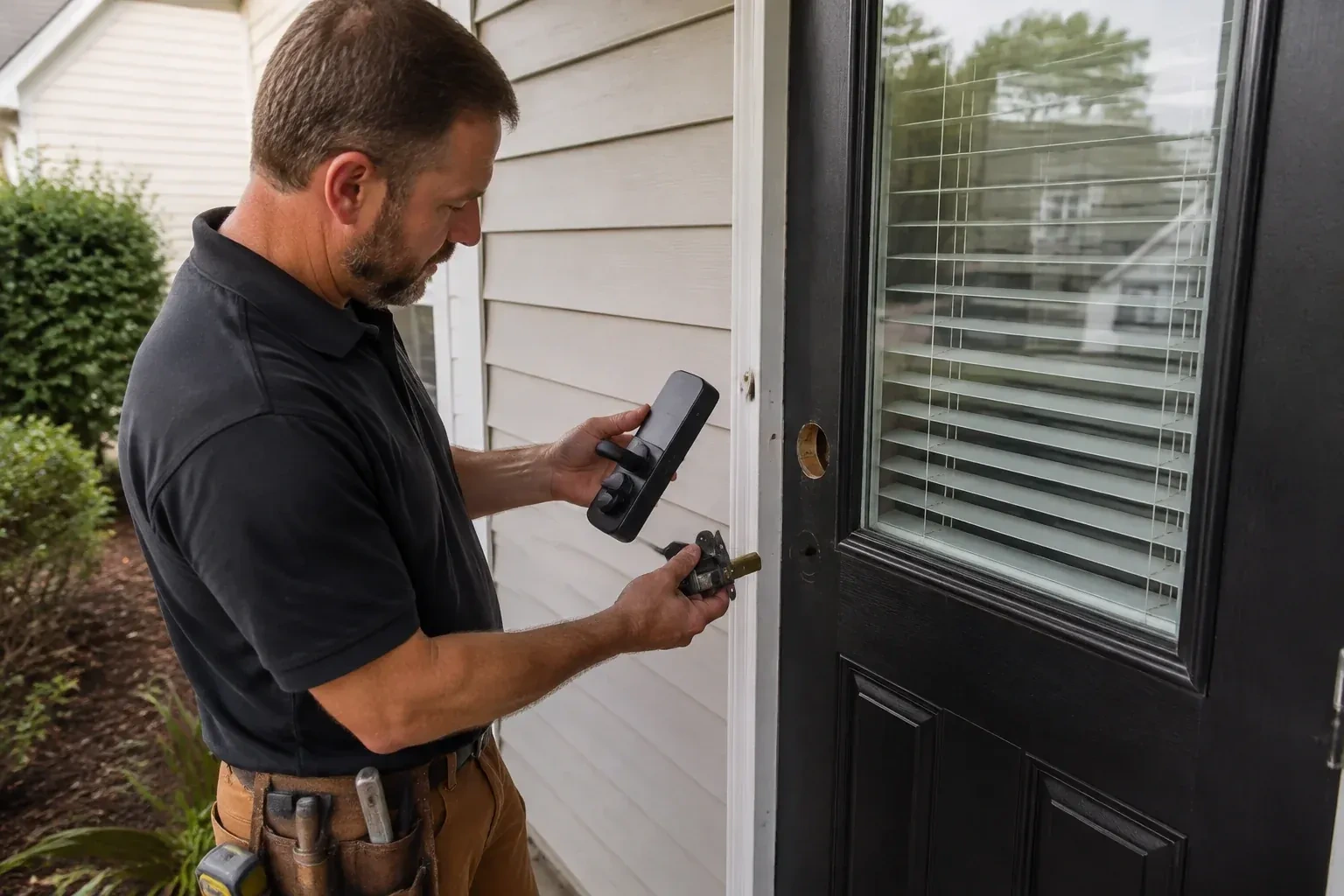 Person holding a black door-handle assembly and a latch beside a glazed door with exposed lock openings. — Smart Lock Installation, Wilmot