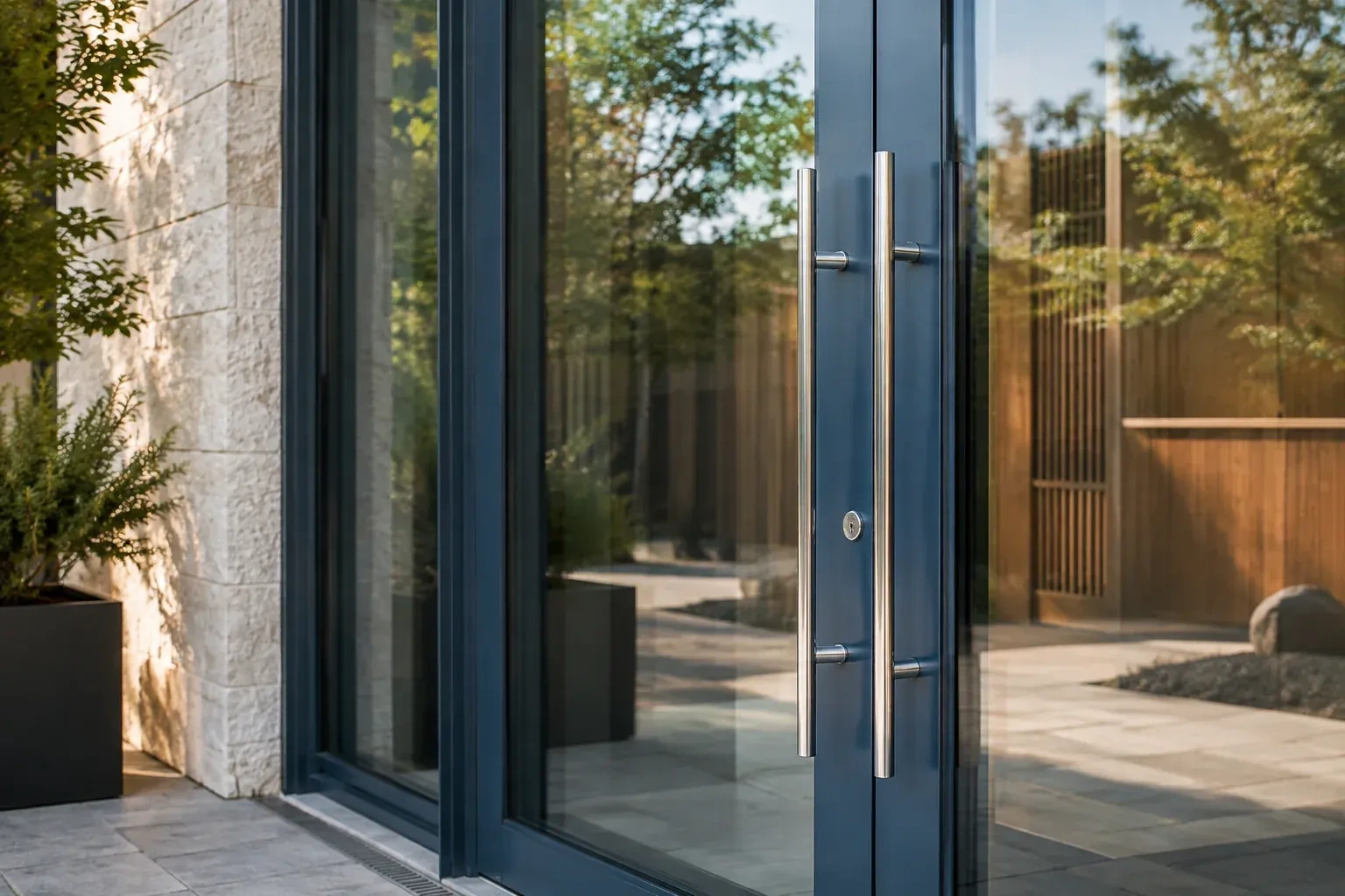 Dark-framed glass entrance doors with long silver-colored vertical pull handles and a round keyhole. — Business Lockout Service, Wilmot