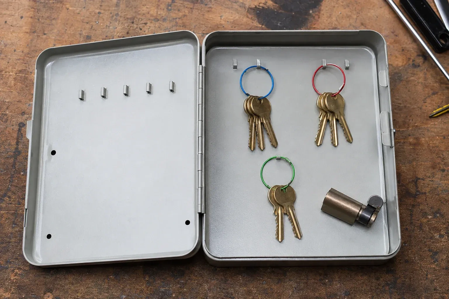 Three groups of keys on colored rings in an open metal key cabinet. — Master Key System Design, Wilmot