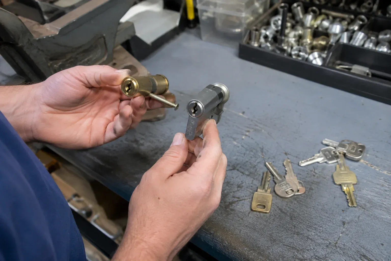 Hands comparing detached lock cylinders beside loose keys on a workbench. — Broken Key Extraction, Wilmot