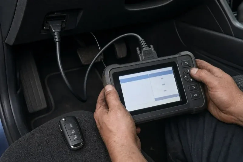 Hands holding a diagnostic tablet connected beneath a car dashboard, with a key fob resting on the person’s leg. — Key Fob Programming, Wilmot