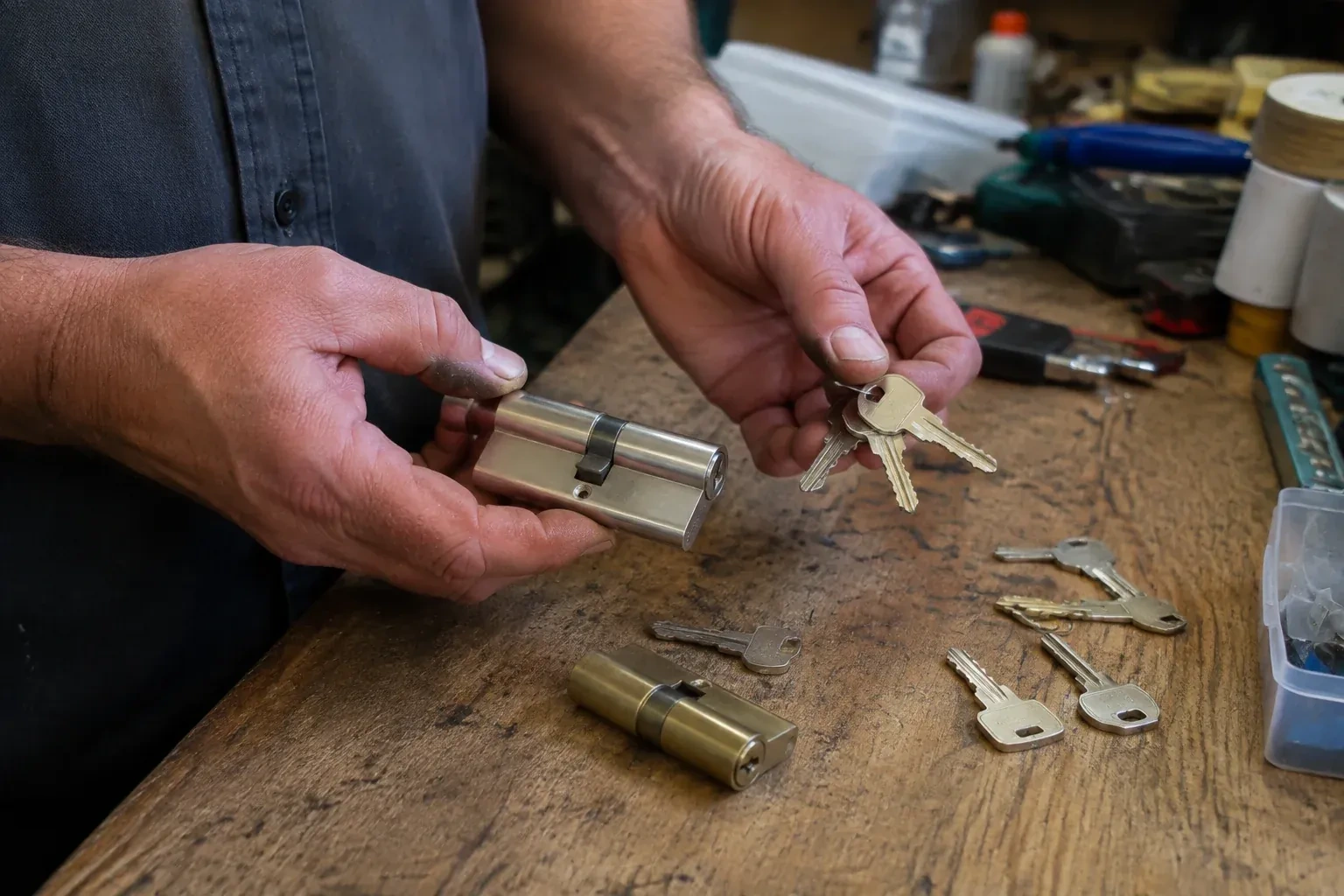 Hands holding a lock cylinder and a ring of keys above a worn workbench with another cylinder and loose keys. — Lock Rekeying, Wilmot