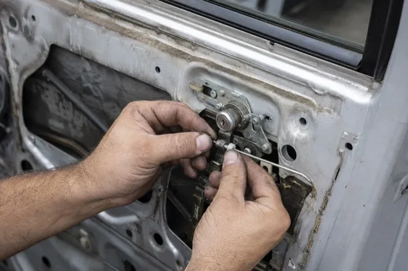 Hands holding a small linkage beside an exposed car-door lock mechanism with the interior trim removed. — Vehicle Lock Repair, Wilmot
