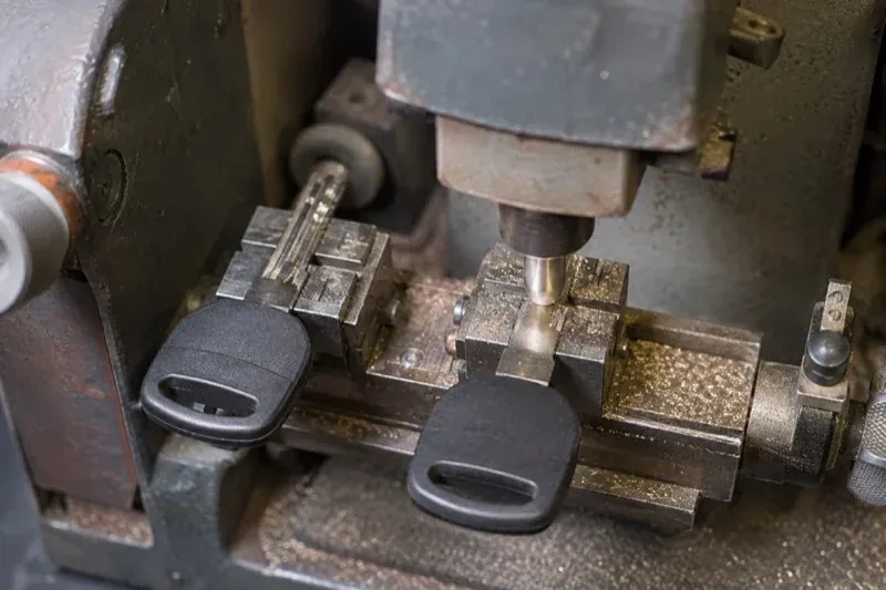 Two black-headed keys clamped in a bench machine, one beneath a vertical cutter, with metal shavings around the clamps. — Spare Car Key Duplication, Wilmot
