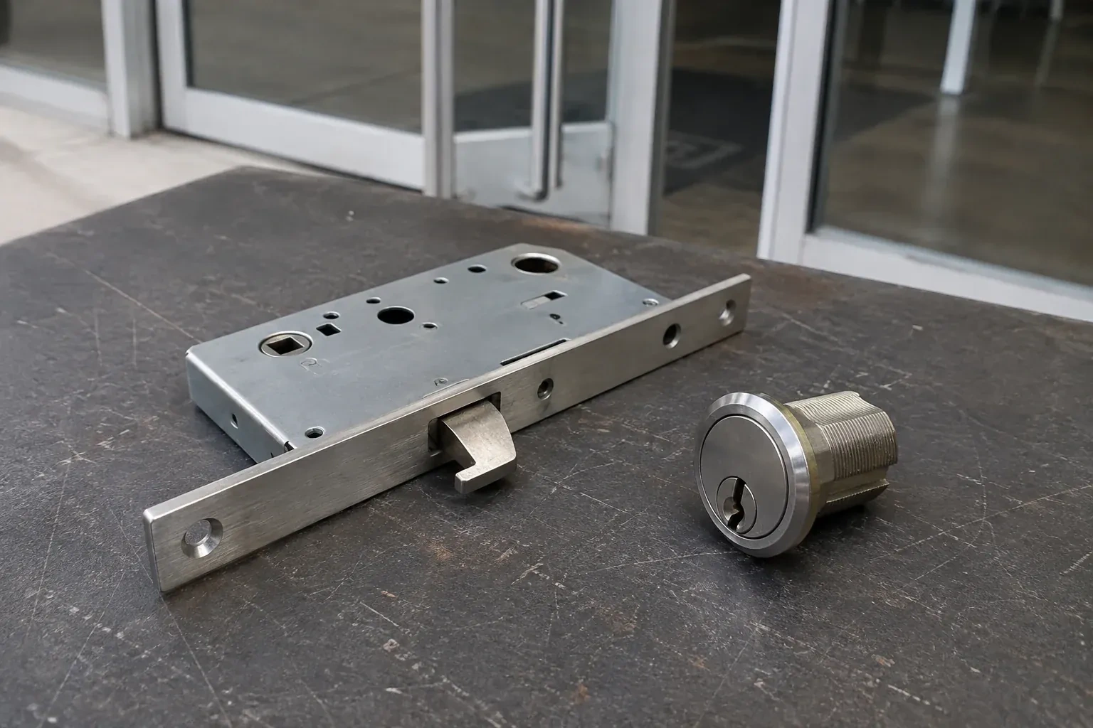 Detached mortise lock body with a projecting hook-shaped bolt beside a threaded cylinder. — Commercial-Grade Lock Replacement, Wilmot