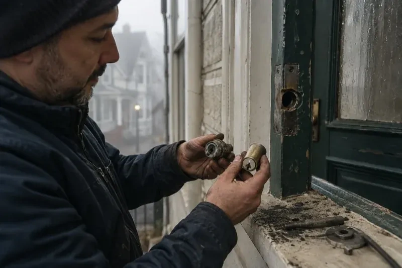 Person holding two lock cylinders beside an open painted door, with loose hardware and debris on the sill. — Seized & Jammed Lock Opening, Wilmot