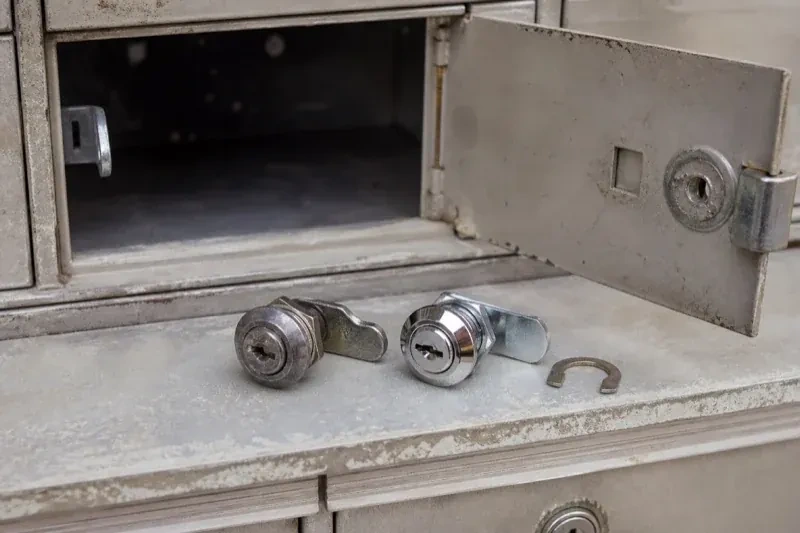 Two loose cam locks and a retaining clip resting below an open metal mailbox compartment. — Mailbox Lock Replacement, Wilmot