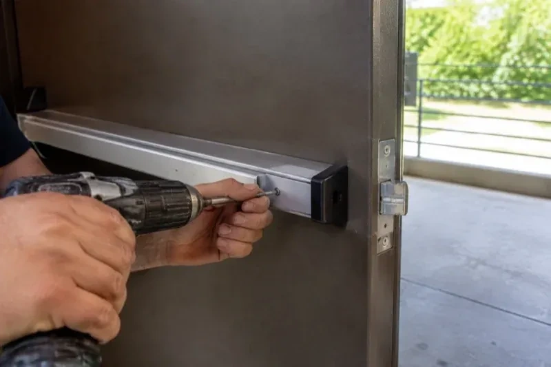 Hands using a power driver at the end of a horizontal push bar on an open metal door. — Panic & Exit Hardware, Wilmot