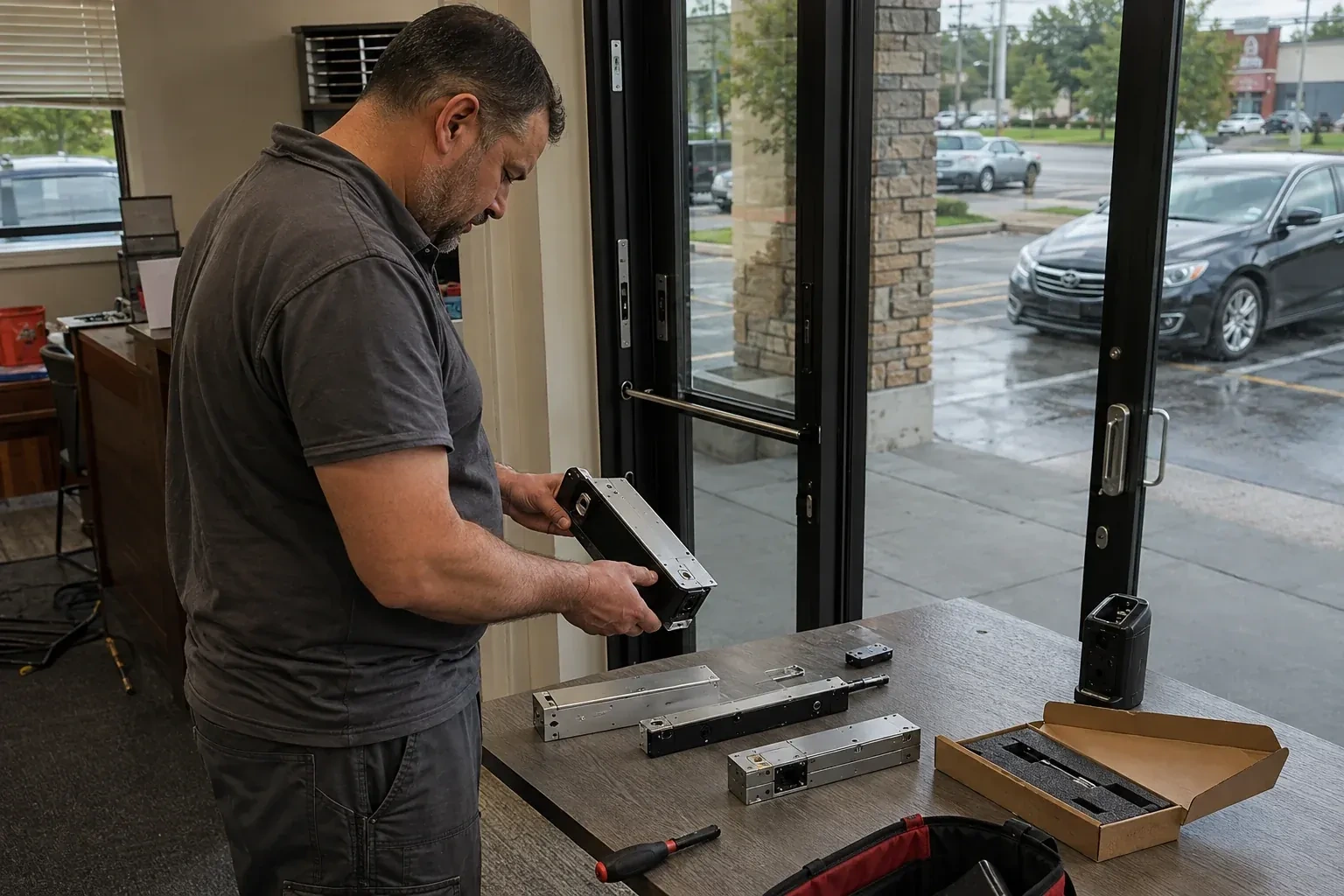 Person holding a rectangular door-hardware housing at a table with additional metal assemblies beside a glass entrance. — Access Control Installation, Wilmot