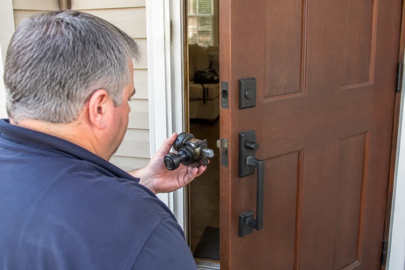 Person holding a removed black lock assembly beside a partly open brown front door with a long black pull handle. — Home Lockout Service, Wilmot