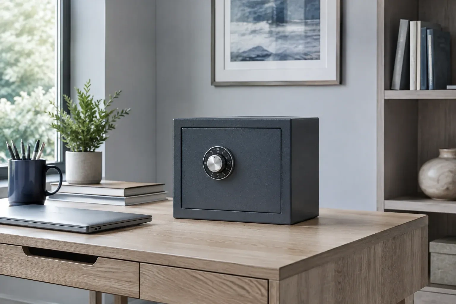 Small dark safe with a combination dial on a wooden desk beside a closed laptop and books. — Safe Opening & Combination Change, Wilmot