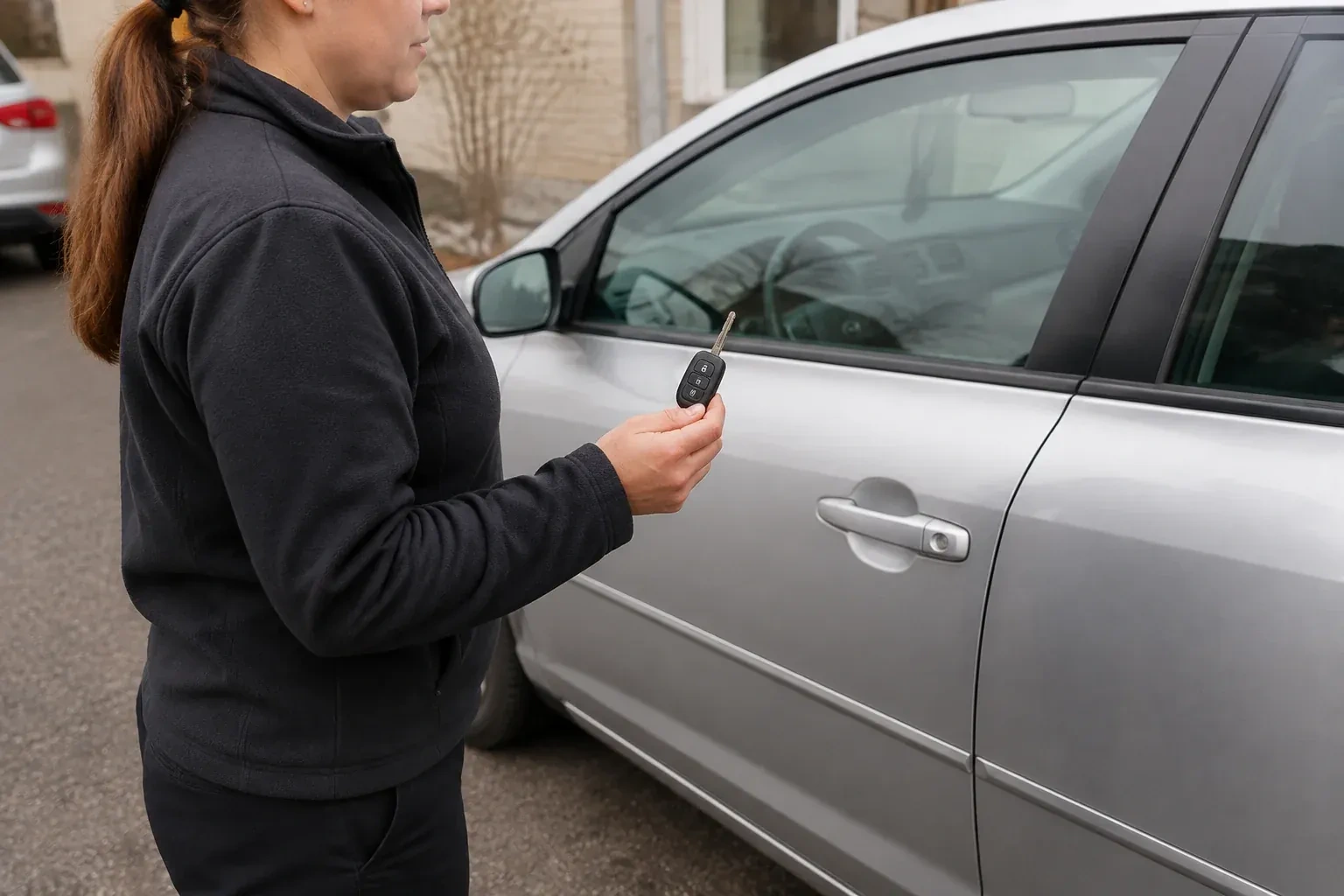 Technician holding a remote key with an extended blade beside a silver car. — Car Key Replacement, Wilmot