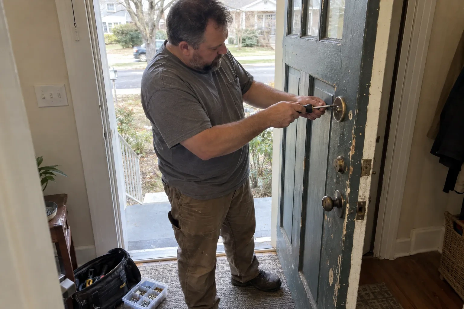 Technician using a screwdriver on the deadbolt of an open blue-gray front door, with a tool bag and screw tray nearby. — Deadbolt Installation, Wilmot