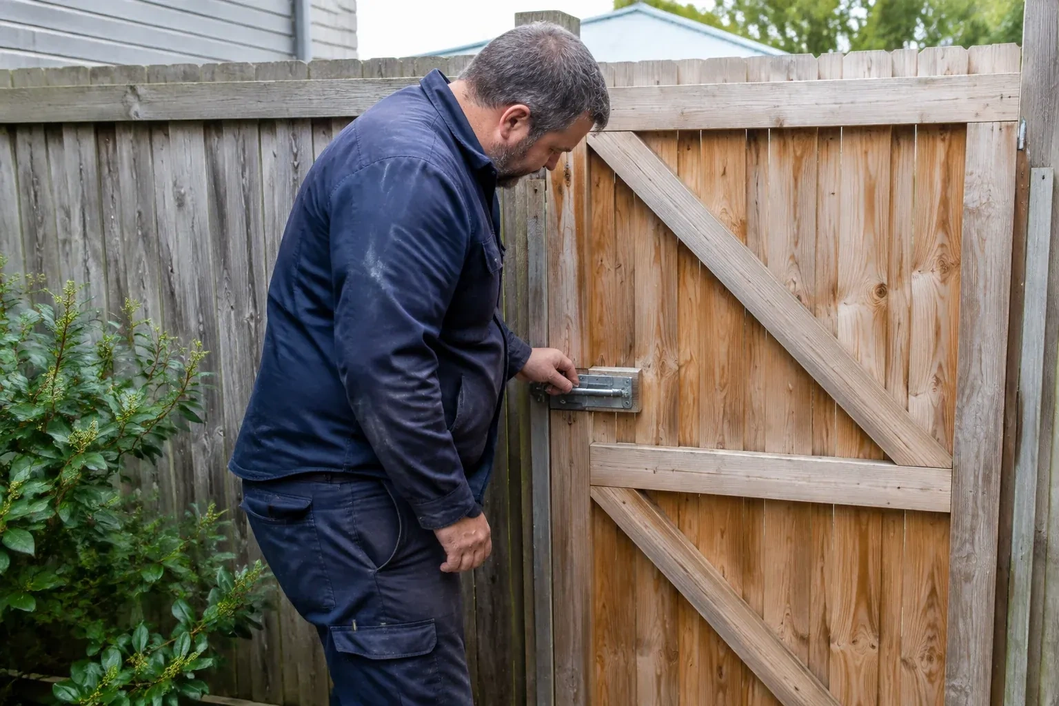 Person touching the sliding metal bolt on a wooden garden gate. — Gate & Building Entry Locks, Wilmot